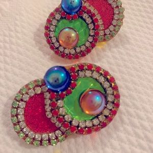Retro 80s multi clip earrings rhinestone hologram